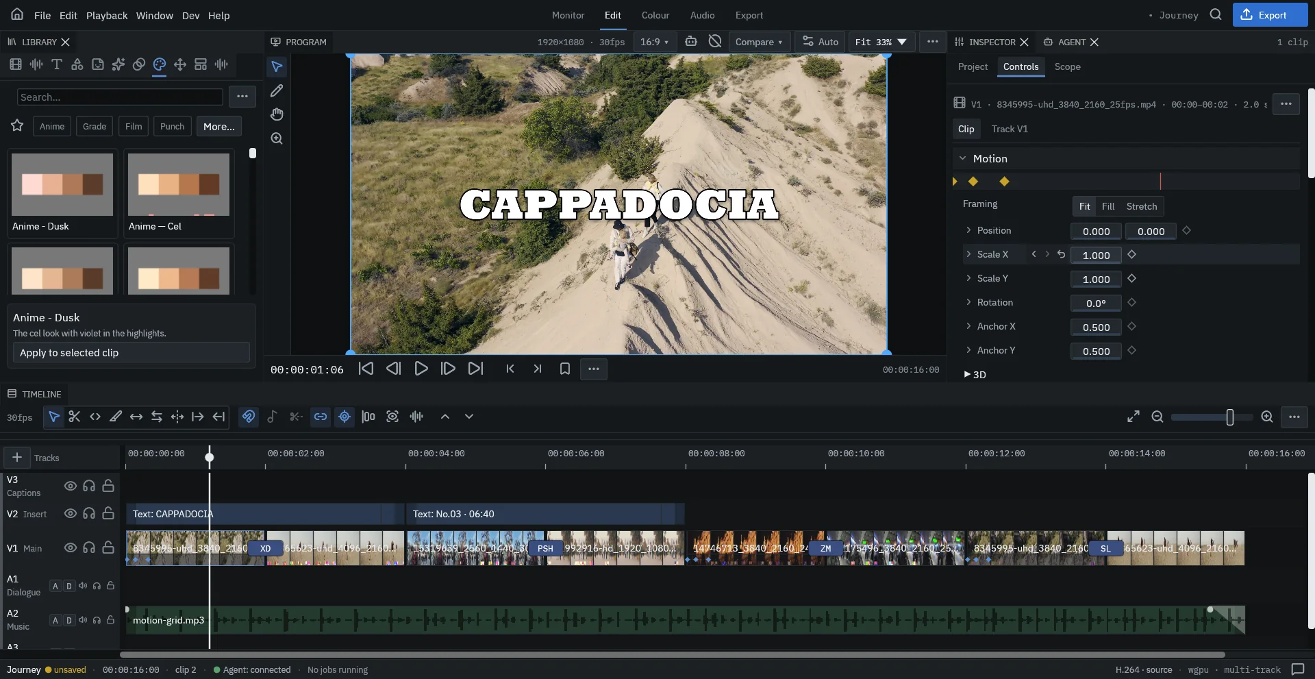 Dragon VE with viewer, effects library, inspector and multi-track timeline