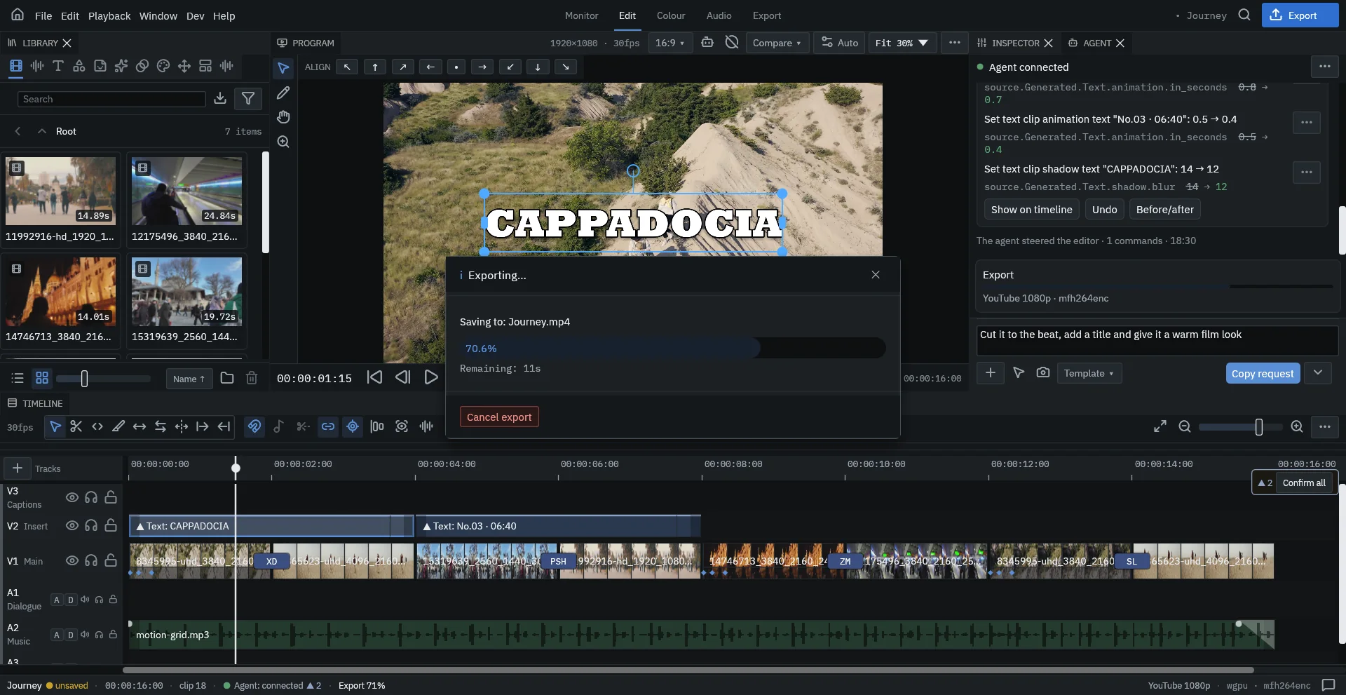 The export progress window over the editor, showing percentage and time remaining