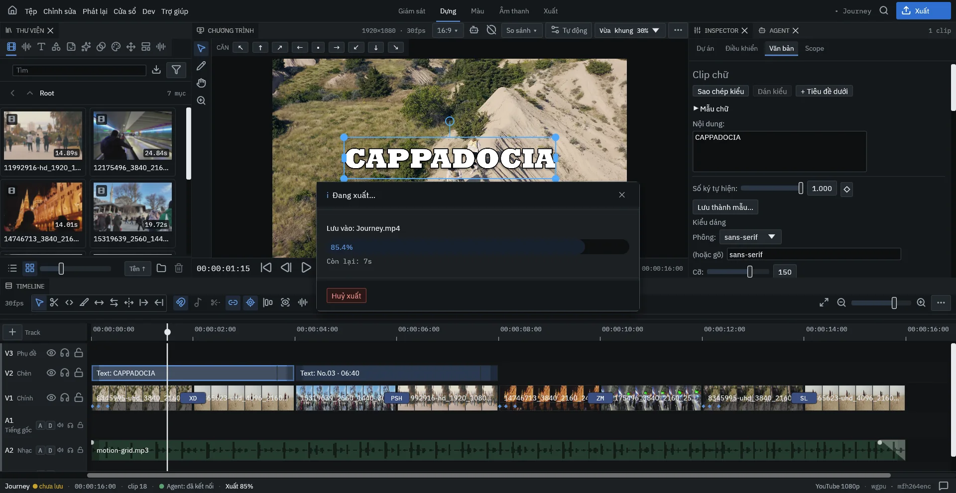 Cửa sổ tiến độ xuất video trên trình dựng, hiển thị phần trăm và thời gian còn lại